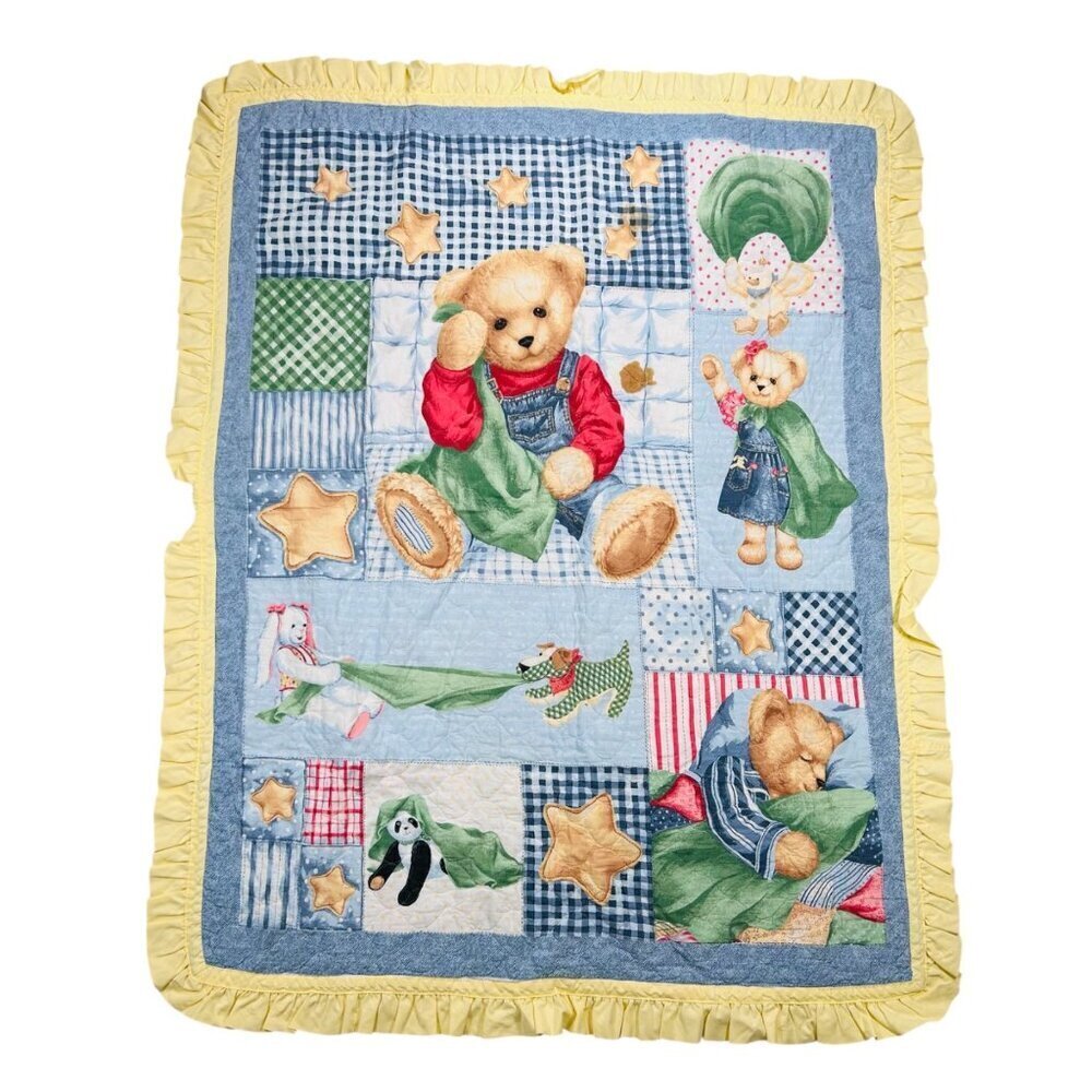 Vtg Blue Jean Teddy Bear Collection Baby Quilt Bedroom Collectible